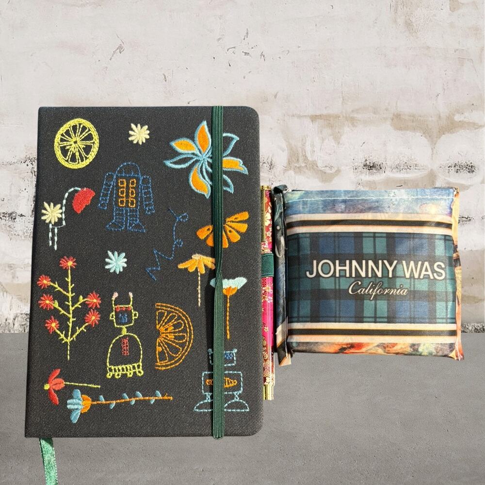 Johnny Was Black Journal and Pen Set & Foldable Tote NEW